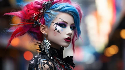 Fototapeten modern japanese woman with crazy jewelry and punk hairstyle © CROCOTHERY