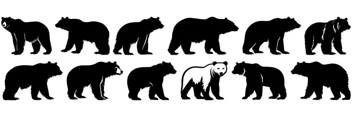 Bear silhouettes set, large pack of vector silhouette design, isolated white background
