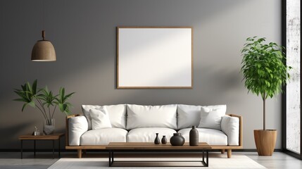 Minimalist interior design of a modern living room with a grey sofa near a wall with an empty mock-up poster