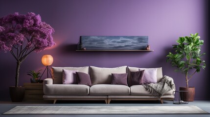 Minimalist interior design of a modern living room with a sofa and pouf covered with a blanket against a purple wall with ample copy space - obrazy, fototapety, plakaty