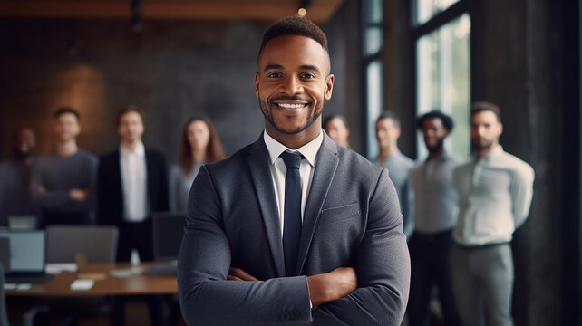 Cheerful african american businessman with crossed arms standing in office. Ai render.