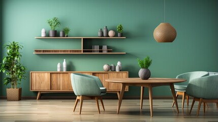 Mint color chairs surround a round wooden dining table in a room with a sofa and a cabinet near a green wall, showcasing Scandinavian home interior design