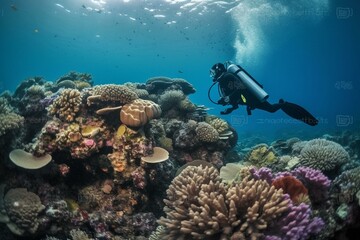 An underwater explorer admiring the vibrant marine ecosystem of a coral reef. Generative AI