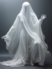 Dementor ghost in white sheet on white background, death and Halloween concept, AI