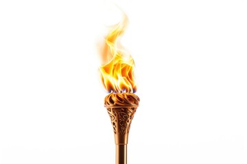 A golden torch with intricate designs, burning brightly against a white background. - obrazy, fototapety, plakaty