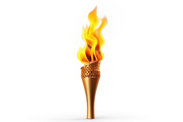 A golden torch with intricate designs, burning brightly against a white background.