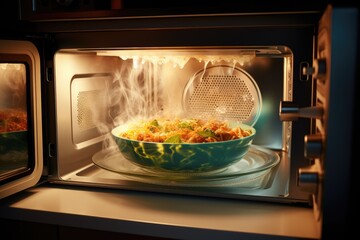 A green bowl of pasta with red sauce in an open, black, lit microwave. - Powered by Adobe