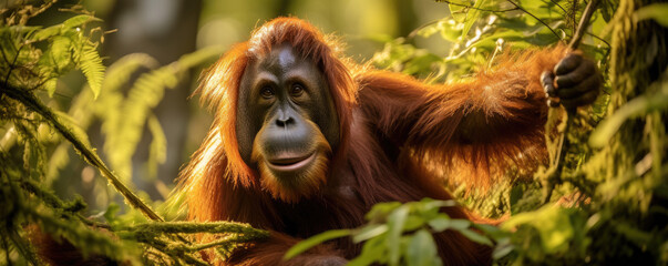 Obraz premium Sumatran orangutan swinging gracefully through the trees, surrounded by vibrant rainforest foliage