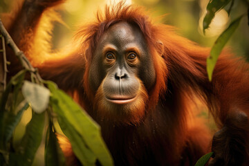 Sumatran orangutan swinging gracefully through the trees, surrounded by vibrant rainforest foliage