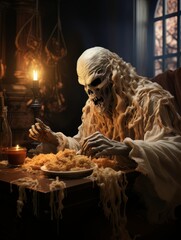 Creepy ghost dementor eats dinner by candlelight, AI