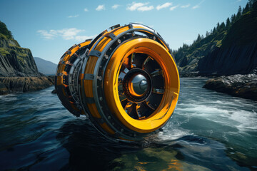 A tidal energy generator operating in the ocean, utilizing the power of tides for electricity. Generative Ai. - obrazy, fototapety, plakaty