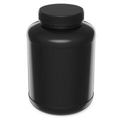 Black plastic jar for sport nutrition whey protein powder isolated on white