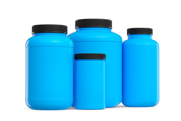 Set of blue plastic jar for sport nutrition protein powder isolated on white
