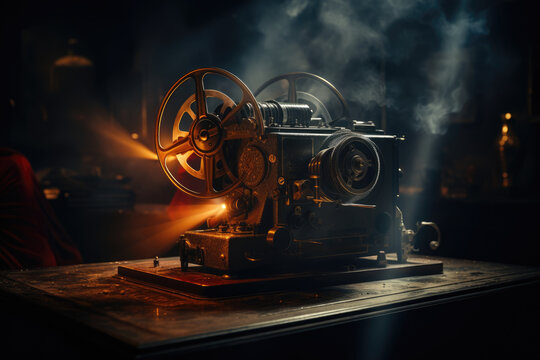 A vintage film projector flickering to life, symbolizing the birth of motion pictures in the late 19th century. Generative Ai.