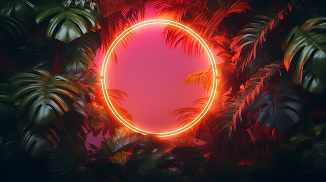 Orange Neon Circle Surrounded By Tropical Leaves. Exotic Backdrop With Copy Space