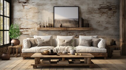 Rustic interior design is featured in the modern living room with a beige fabric sofa and cushions, a white wall with a frame, and ample space for text