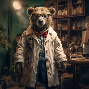 cute teddy bear dressed as a doctor, wearing glasses, - illustration created using generative AI tools