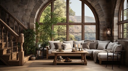 Rustic style interior design of an entrance hall in a country house with a staircase and an arched window - obrazy, fototapety, plakaty
