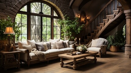Rustic style interior design of an entrance hall in a country house with a staircase and an arched...
