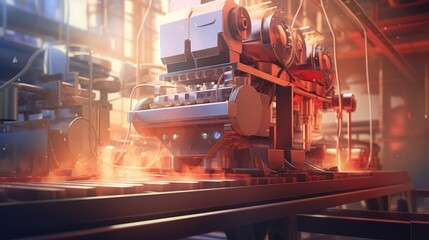 Industrial machine in the factory blurred background. AI generated image