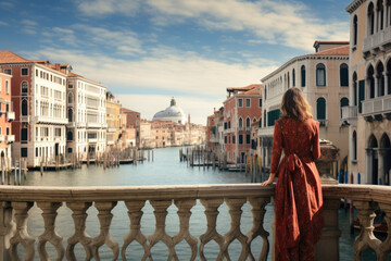 Woman traveler standing on a picturesque bridge in Venice, Italy, overlooking the Grand Canal and historic buildings