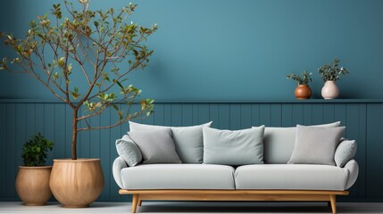 Scandinavian home interior design of a modern living room with a cozy sofa and a side table with a potted plant against a blue wall with copy space
