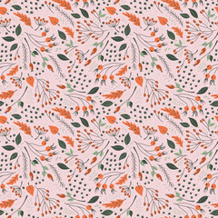 Cute retro background with falling leaves, berries and tree branches. Seamless pattern with Summer and Autumn plants. Vector illustration of abstract forest.
