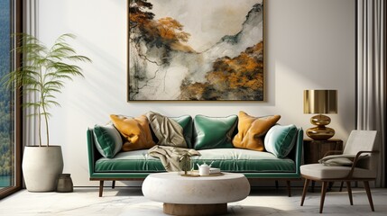 Scandinavian home interior design of a modern living room with a dark green sofa and grey pouf against a white wall with a big art poster frame