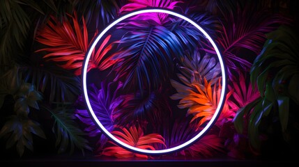 White Neon Circle surrounded by Tropical Leaves. Exotic Backdrop with Copy Space