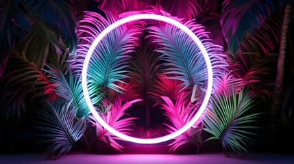 Fototapeta na wymiar White Neon Circle surrounded by Tropical Leaves. Exotic Backdrop with Copy Space