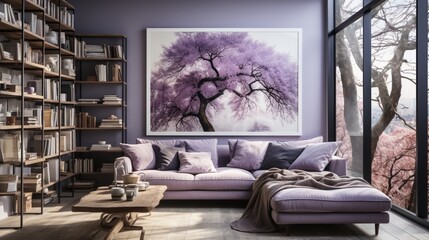 Scandinavian home interior design of a modern living room with a sofa with violet pillows, placed near a window adjacent to a wall adorned with posters and bookcases