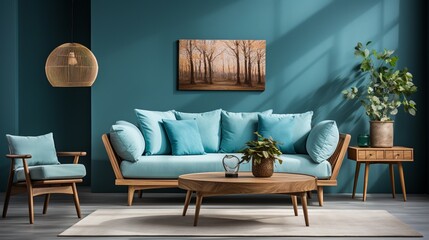 Scandinavian home interior design presents a wooden sofa with blue pillows and a round coffee table near a teal wall, creating a cozy and inviting atmosphere in the modern living room