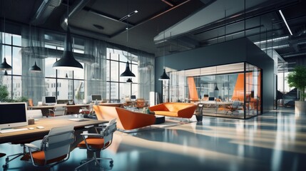 A three-dimensional illustration of a modern and conceptual office interior room designed with a contemporary style. This visually captivating image offers a glimpse into the world 