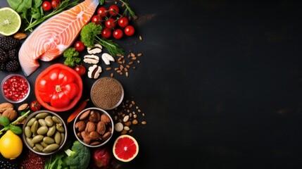A hand-drawn chalk illustration of a brain surrounded by an assortment of brain-boosting foods, including fresh salmon, vegetables, nuts, and berries, set against a striking black background