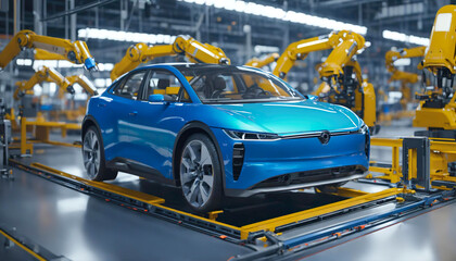 Obraz premium Automobile assembly line production. Car Factory. Automated Robot Arm Assembly Line Manufacturing Electric Vehicles. Automatic Construction, Welding Industrial Production Conveyor. Generative ai
