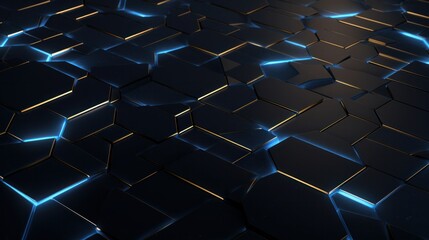 Fototapeta premium An abstract background featuring deep black tones with a captivating blue backlight, accentuated by geometric shapes adorned with striking golden glowing edges. This 3D render creates a visually stunn