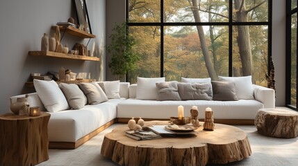 Scandinavian interior design of a modern living room with a live-edge coffee table made from a tree stump near a white fabric sofa
