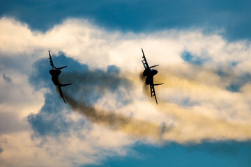 Military fighter jet plane at air base. Airport and airfield. Air force flight operation. Aviation...