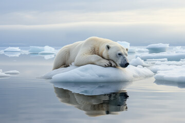 Obraz na płótnie Canvas Polar bear on a melting ice floe due to climate change