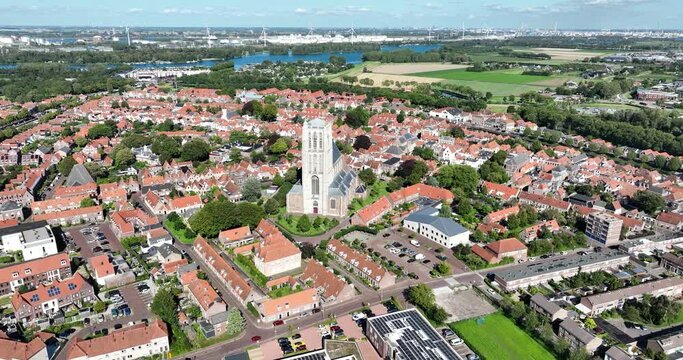 Aerial drone view of the Sint Catharijnekerk in historic foritfied town of Brielle, The Netherlands.