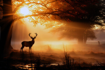 Red Deer in morning mist. Dawn in the forest.