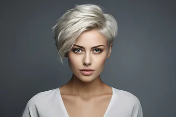 Tuinposter Generative AI picture of beautiful blonde woman fashion model after salon hairdresser procedure © deagreez