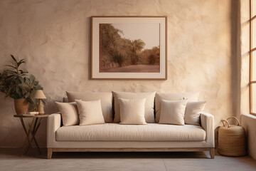 a soft neutral colored couch sits in a warm room