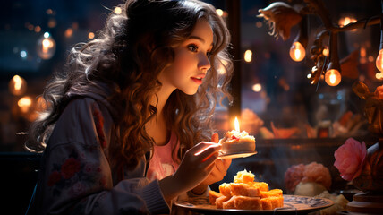 young asian woman reading book with candle