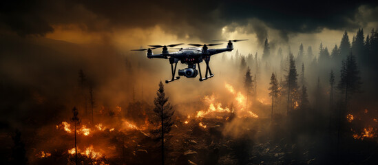 firefighting drone flying over a burning forest - fire and rescue new technologies
