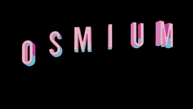 Bright letters jump merrily in the inscription OSMIUM Element of periodic table. Retro. Alpha channel black. In-Out looped. Alpha BW at the end. Looped from frame 120 to 240, Alpha BW at the end