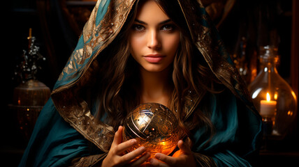 young brunette woman with crystal ball - obrazy, fototapety, plakaty