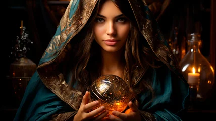 Poster young brunette woman with crystal ball © ARAMYAN