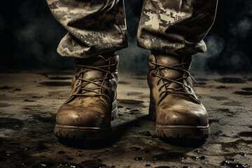 Close up photo of military legs on the battlefield ground made with generative AI