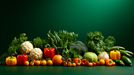 composition of fresh fruits and vegetables on color background